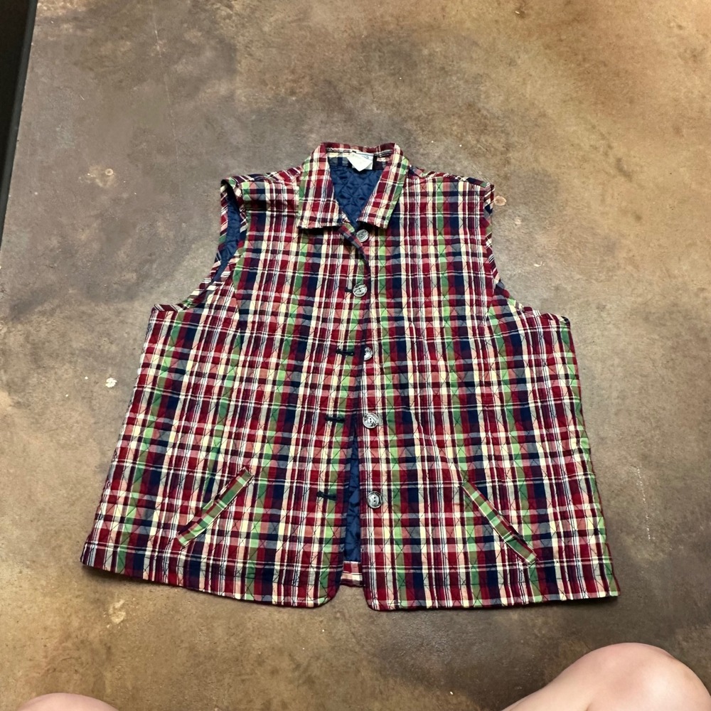 Southern Lady XL Vest Plaid Sleeveless Quilted‎ Red Green Blue Button Up